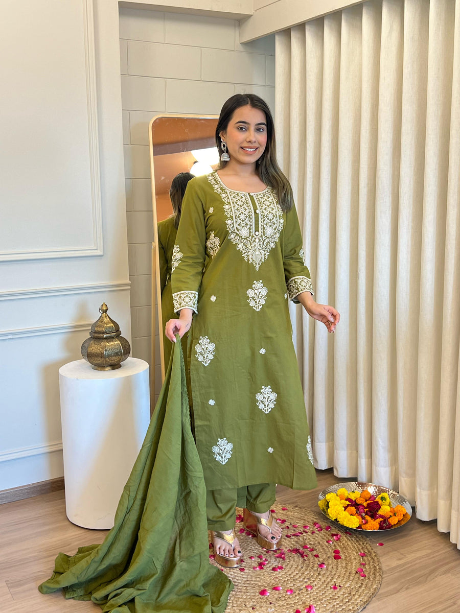 Green Dupatta Set for Women – Heavy Embroidered & Simple Daily Wear Suit Collection