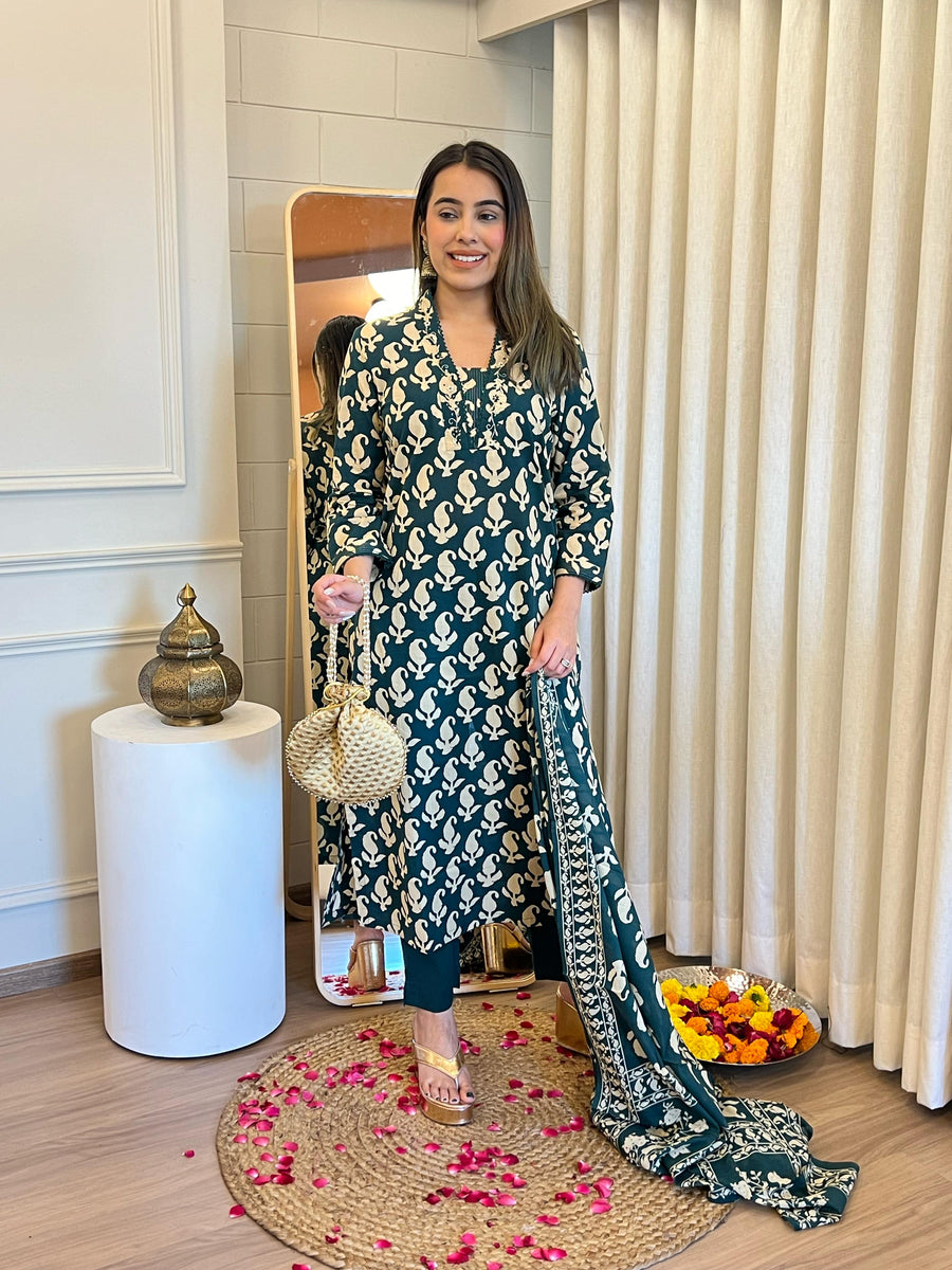 Latest Dark Green Dupatta Set for Women – Buy Designer Ethnic Suit Online